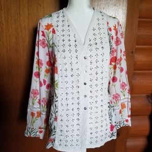 Soft Surroundings Floral Semi Sheer Long Sleeve Blouse Sz PM